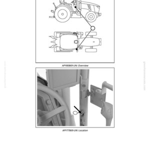 K&ouml;nnte beinhalten: Diagramme eines Traktors, einschlie&szlig;lich einer &Uuml;bersicht und einer detaillierten Ansicht eines bestimmten Ortes. Die &Uuml;bersicht zeigt den Traktor von der Seite und von oben, mit Beschriftungen. Die Detailansicht hebt ein bestimmtes Teil mit einem Pfeil hervor.