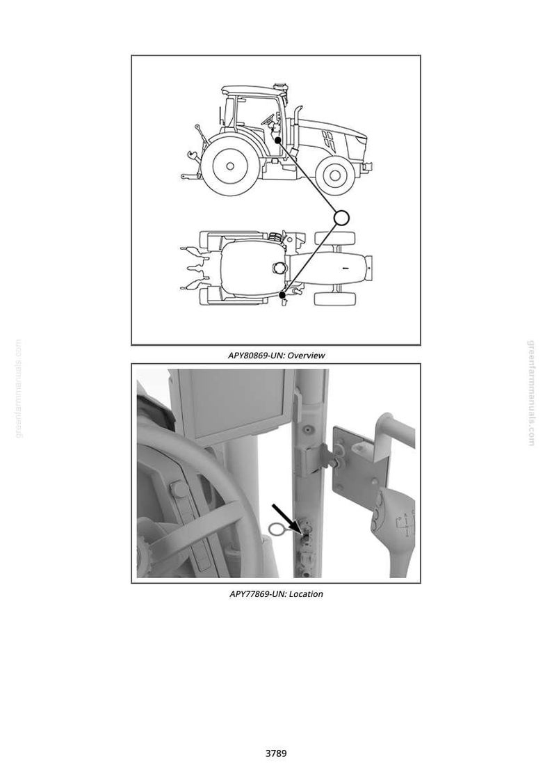 K&ouml;nnte beinhalten: Diagramme eines Traktors, einschlie&szlig;lich einer &Uuml;bersicht und einer detaillierten Ansicht eines bestimmten Ortes. Die &Uuml;bersicht zeigt den Traktor von der Seite und von oben, mit Beschriftungen. Die Detailansicht hebt ein bestimmtes Teil mit einem Pfeil hervor.