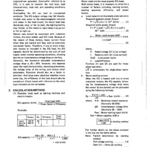 May include: A technical document titled "Handling Procedures" with sections on generator capacity and calculation methods. Includes formulas, examples, and a table with electrical output and efficiency data. The document is from the "EG Series".