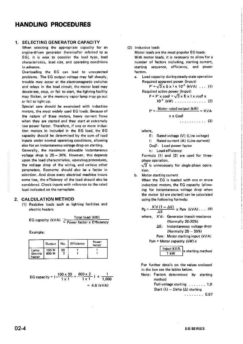 May include: A technical document titled "Handling Procedures" with sections on generator capacity and calculation methods. Includes formulas, examples, and a table with electrical output and efficiency data. The document is from the "EG Series".
