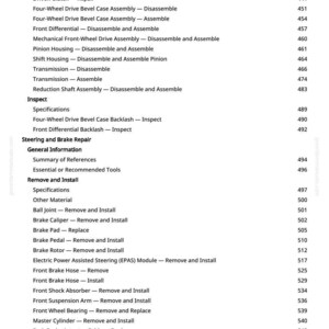 May include: A manual page detailing automotive repair procedures. The text lists specifications, disassembly, assembly, and removal instructions for components such as brakes, steering, and transmission systems.