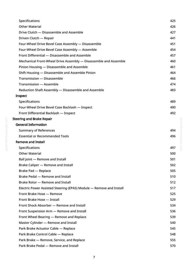 May include: A manual page detailing automotive repair procedures. The text lists specifications, disassembly, assembly, and removal instructions for components such as brakes, steering, and transmission systems.