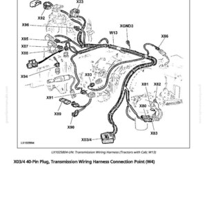 May include: Diagram of a transmission wiring harness, labeled W13, with various connection points (X23, X86, X93, etc.). The diagram includes the text "LX1025804-UN: Transmission Wiring Harness (Tractors with Cab; W13)".