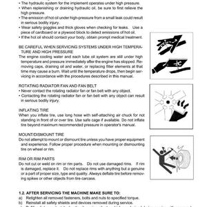 May include: A page from the MF1740E Service Manual with safety warnings about hot oil, high pressure, and servicing systems. Includes instructions for tire inflation, mounting, and rim parts.