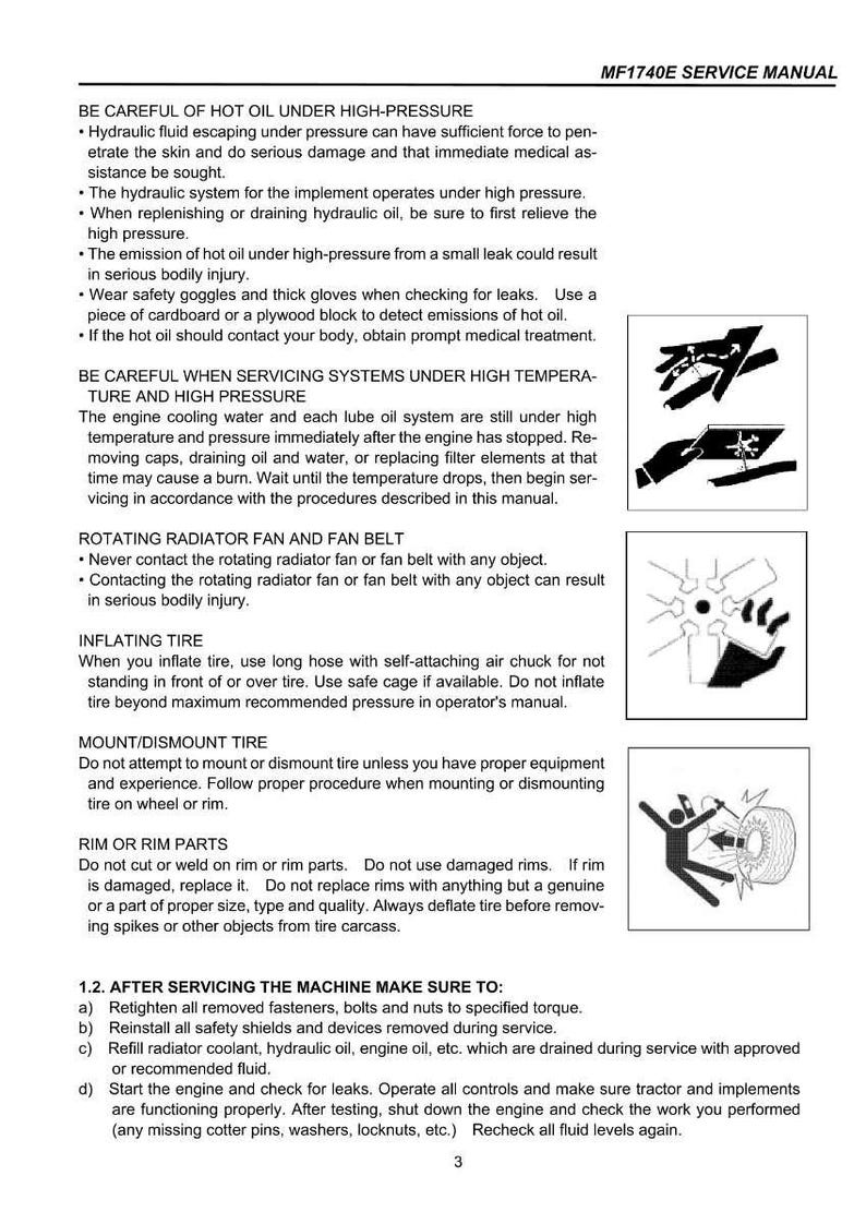 May include: A page from the MF1740E Service Manual with safety warnings about hot oil, high pressure, and servicing systems. Includes instructions for tire inflation, mounting, and rim parts.