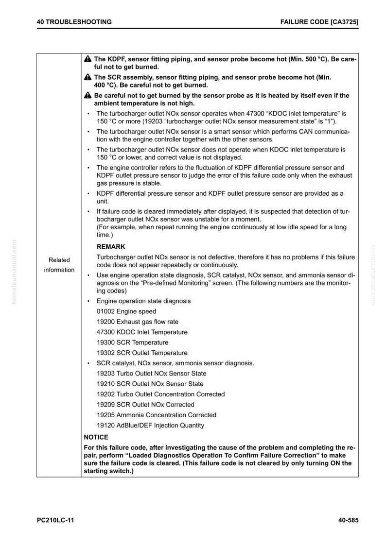 May include: Troubleshooting guide page with the title "40 TROUBLESHOOTING" and failure code "CA3725". The page contains warnings about sensor probe temperatures, operational notes, and a list of engine operation state diagnosis codes.