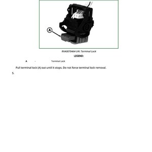 May include: Diagram of a black terminal lock with white wires, labeled with the text "RXA0070464-UN: Terminal Lock". Instructions include removing cover locks and pulling the terminal lock out.