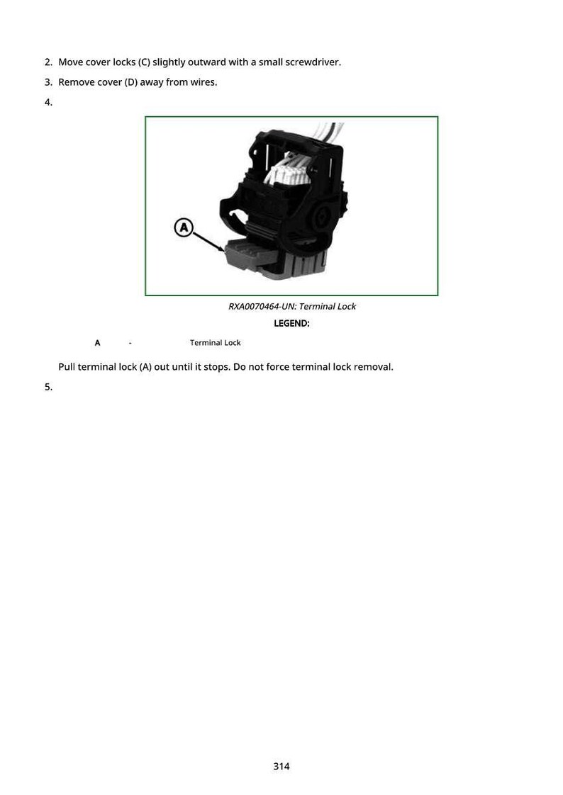 May include: Diagram of a black terminal lock with white wires, labeled with the text "RXA0070464-UN: Terminal Lock". Instructions include removing cover locks and pulling the terminal lock out.