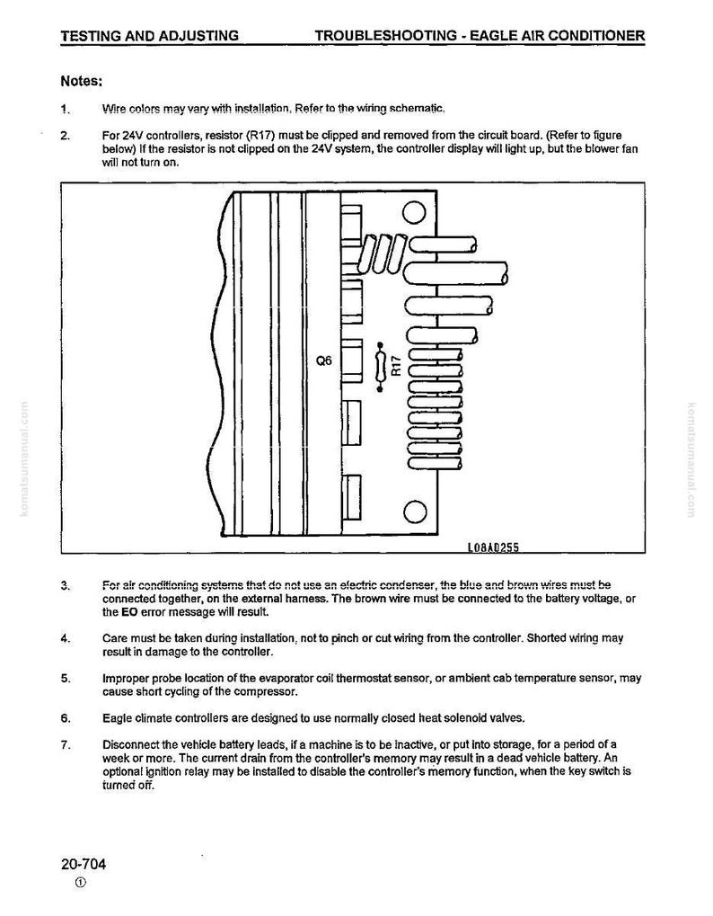 May include: Diagram of an Eagle air conditioner control board with text instructions for troubleshooting. The diagram includes a circuit board with various components and labels, along with numbered notes.