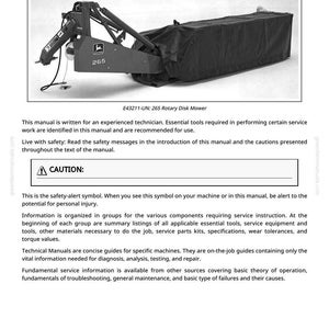 May include: Image of a John Deere 265 Rotary Disk Mower. The mower is black and green, with a large black cover. The image includes the text "265" and "E43211-UN: 265 Rotary Disk Mower". The image is from a technical manual.