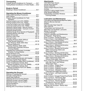 May include: A detailed table of contents from a manual, with headings and page numbers. Topics include mower-conditioner operation, lubrication, and maintenance, with sections on grouper and attachments.