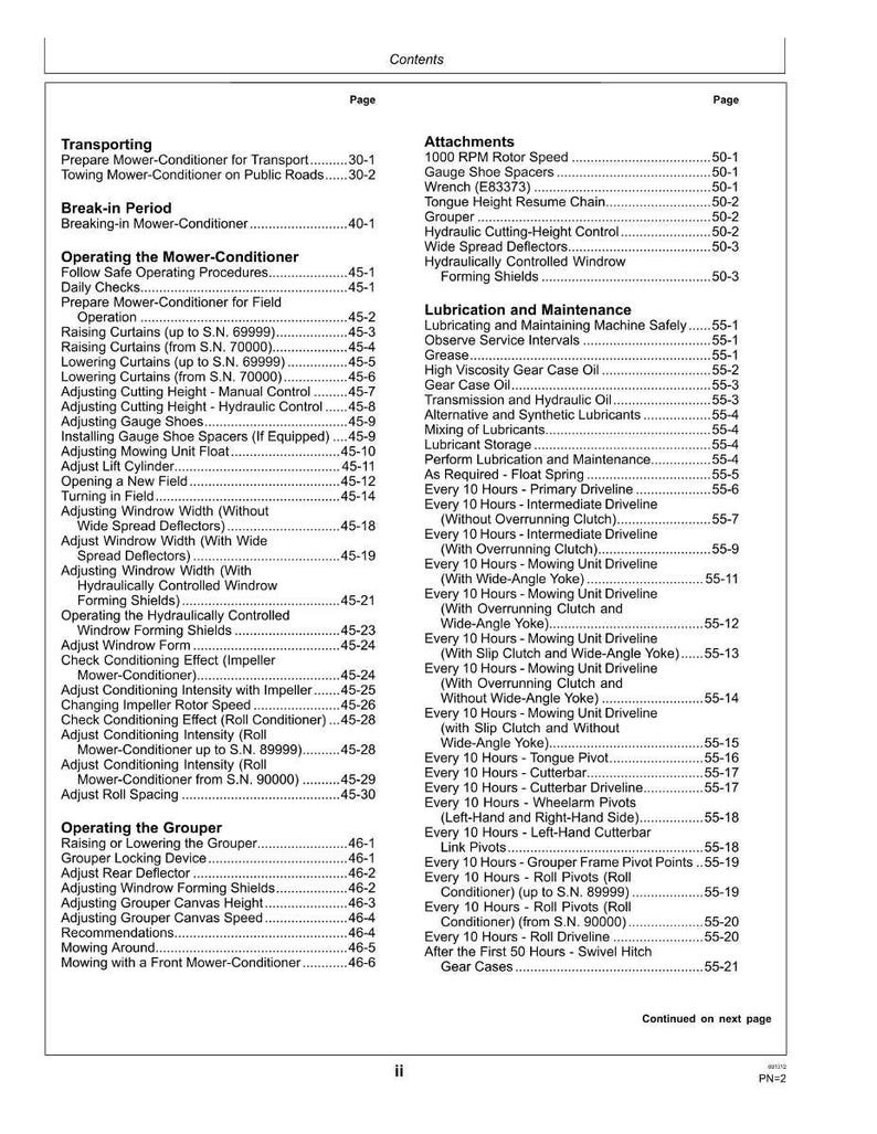 May include: A detailed table of contents from a manual, with headings and page numbers. Topics include mower-conditioner operation, lubrication, and maintenance, with sections on grouper and attachments.