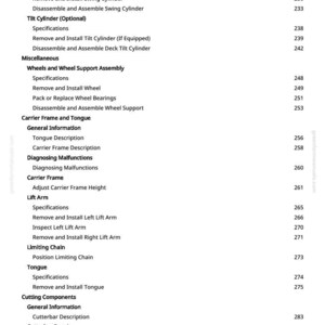 May include: A detailed table of contents from a manual, featuring sections on cylinders, wheels, carrier frames, and cutting components. The text is in black font on a white background, with page numbers.