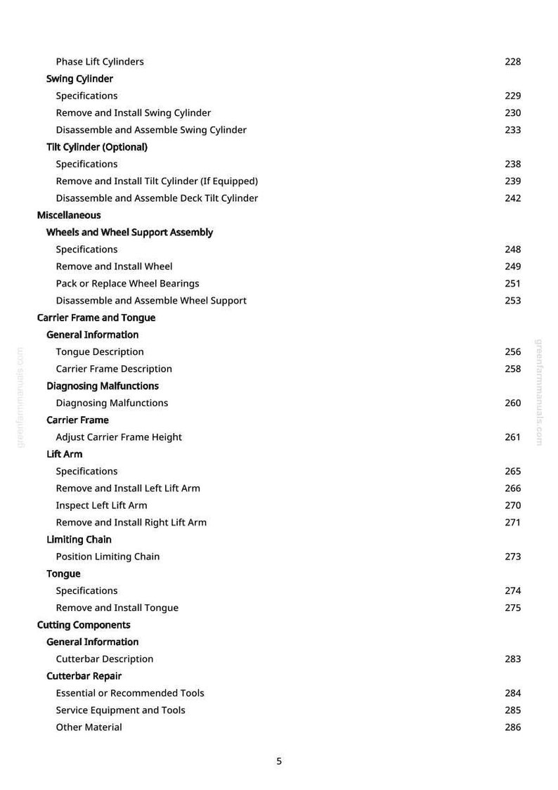 May include: A detailed table of contents from a manual, featuring sections on cylinders, wheels, carrier frames, and cutting components. The text is in black font on a white background, with page numbers.