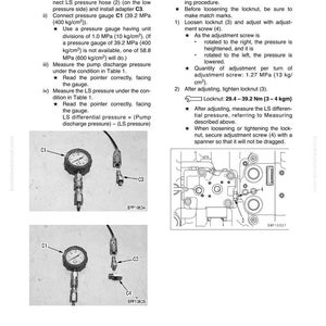 May include: Diagram of testing and adjusting LS differential pressure and adjusting LS valve. Includes instructions, diagrams, and measurements in MPa and kg/cm&sup2;. Features gauges, hoses, and a locknut.