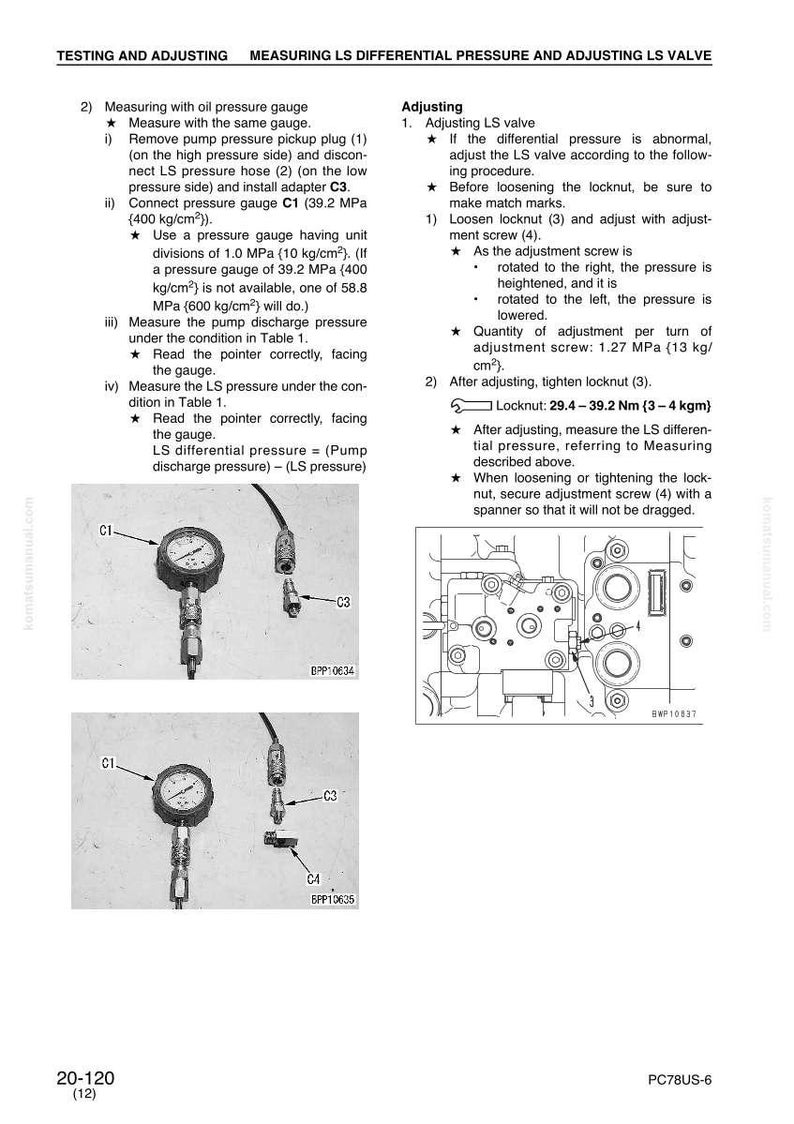 May include: Diagram of testing and adjusting LS differential pressure and adjusting LS valve. Includes instructions, diagrams, and measurements in MPa and kg/cm&sup2;. Features gauges, hoses, and a locknut.