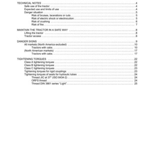 May include: A white document with the title "CONTENTS" and a table of contents for a tractor manual. The manual includes sections on technical notes, danger signs, and tightening torques. The Argo Tractors logo is at the top.