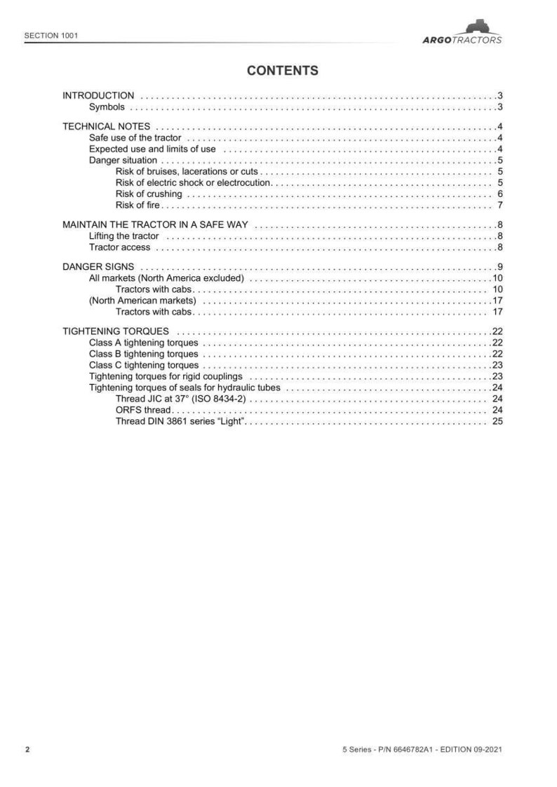 May include: A white document with the title "CONTENTS" and a table of contents for a tractor manual. The manual includes sections on technical notes, danger signs, and tightening torques. The Argo Tractors logo is at the top.