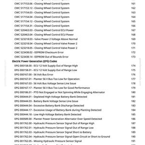 May include: A page from a manual with a list of error codes and system descriptions, including "Closing Wheel Control System" and "Electric Power Generation (EPG) Codes". The page number is 5.