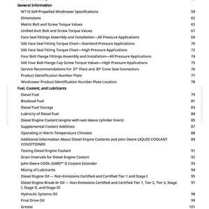 May include: A white page from a manual with a table of contents. The table lists topics such as "Fuel, Coolant, and Lubricants", "Diesel Fuel", and "Diesel Engine Coolant". The page number is visible at the bottom.