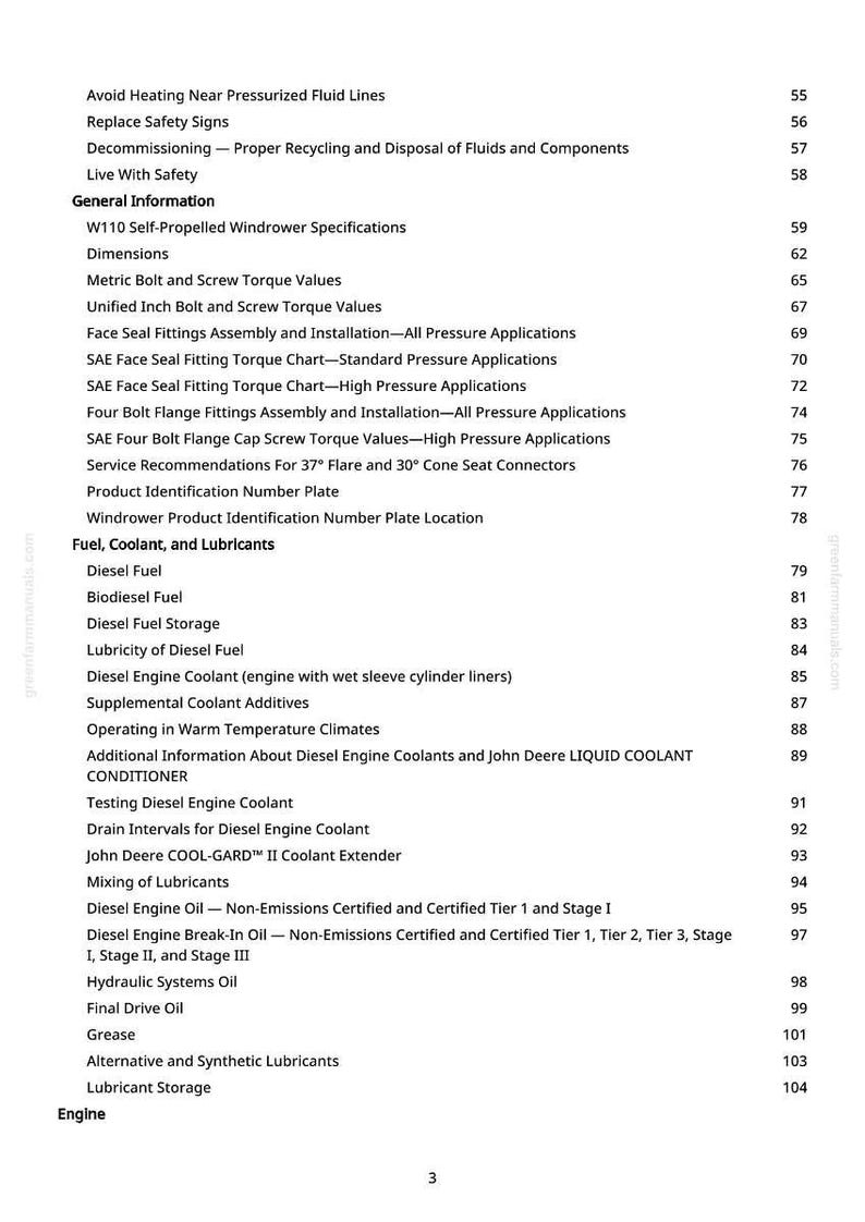 May include: A white page from a manual with a table of contents. The table lists topics such as "Fuel, Coolant, and Lubricants", "Diesel Fuel", and "Diesel Engine Coolant". The page number is visible at the bottom.
