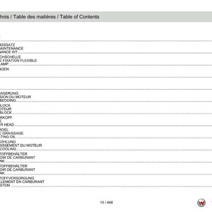 Pu&ograve; includere: Una pagina di un manuale intitolata "Table of Contents" in inglese, tedesco e francese. Il documento elenca vari componenti di manutenzione del motore e del sistema di alimentazione, inclusi kit di manutenzione, fascette stringitubo e serbatoi di carburante. I numeri di pagina sono visibili.