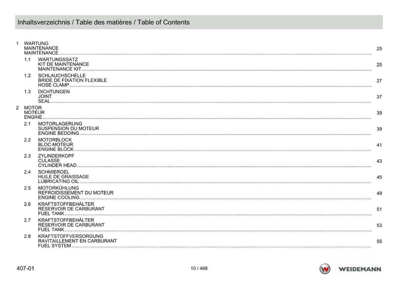 Pu&ograve; includere: Una pagina di un manuale intitolata "Table of Contents" in inglese, tedesco e francese. Il documento elenca vari componenti di manutenzione del motore e del sistema di alimentazione, inclusi kit di manutenzione, fascette stringitubo e serbatoi di carburante. I numeri di pagina sono visibili.