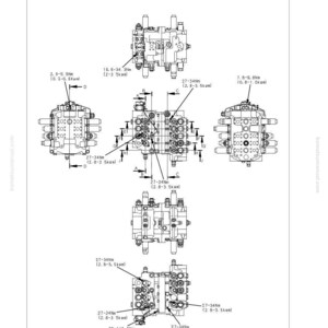 May include: Diagram of a control valve assembly, labeled as a 4-spool valve plus a 5-spool valve with a travel shuttle valve. The image includes multiple views of the valve, with measurements in Nm and kgm.