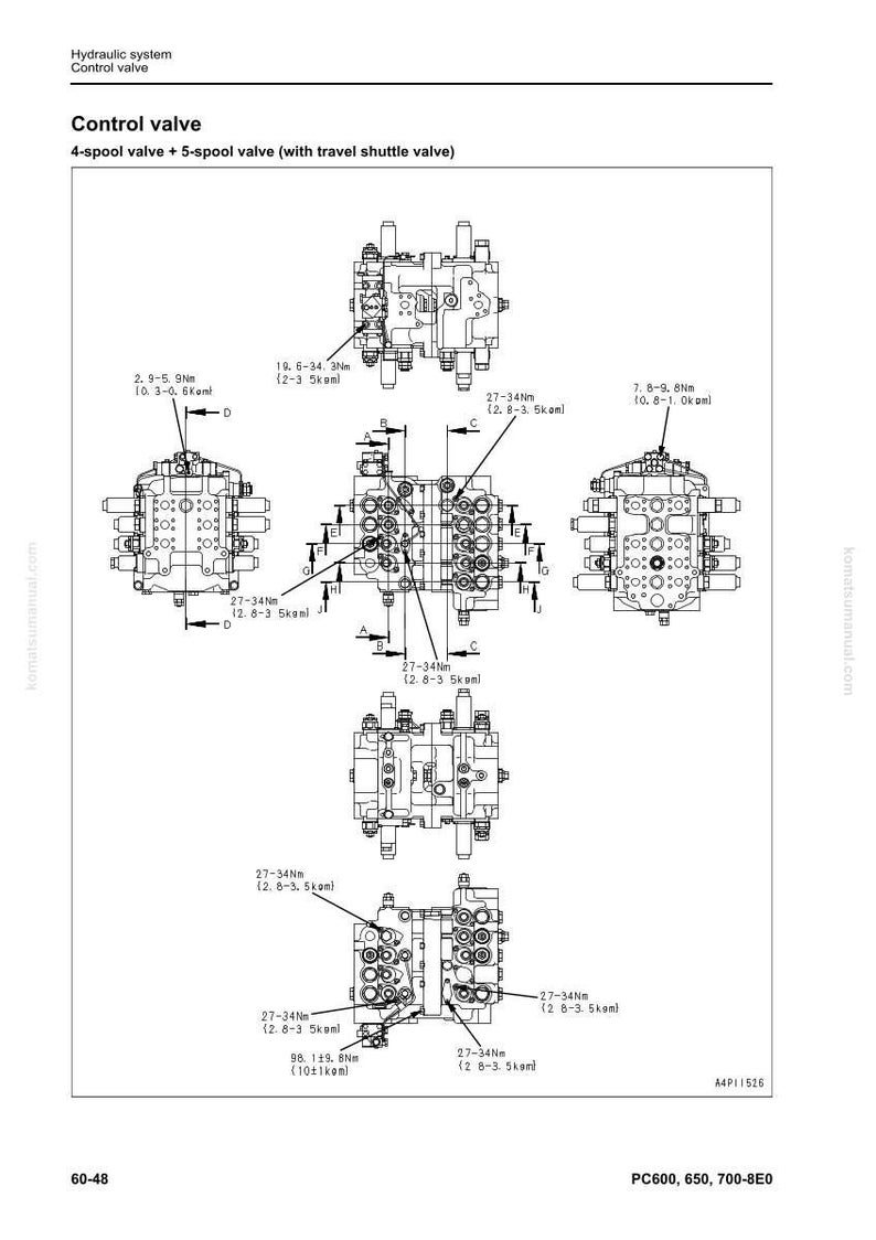 May include: Diagram of a control valve assembly, labeled as a 4-spool valve plus a 5-spool valve with a travel shuttle valve. The image includes multiple views of the valve, with measurements in Nm and kgm.