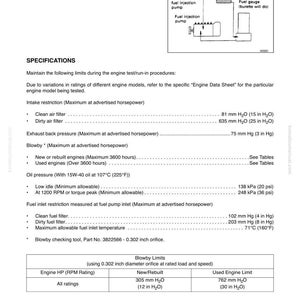 Op de afbeelding: Een technische tekening met de titels "Testing and Adjusting" en "Performance Test". De afbeelding bevat specificaties voor motortests, zoals inlaatbeperking, tegendruk en oliedruk, met metingen in mm en kPa.