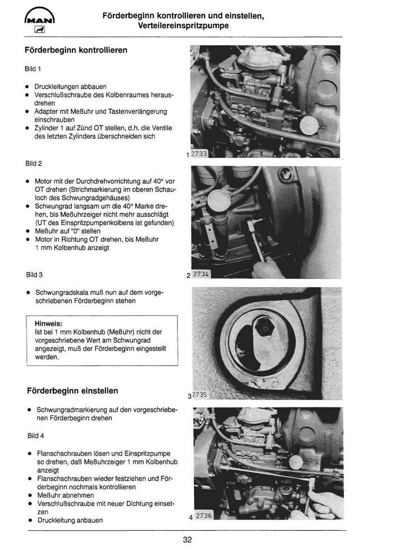 May include: A black and white technical manual page with instructions for adjusting a fuel injection pump. The page includes diagrams and text in German, with detailed steps for the process.