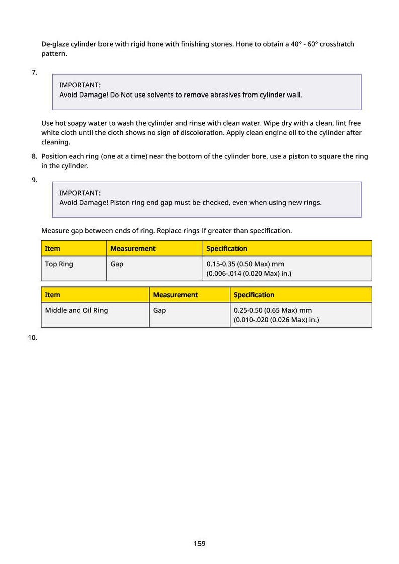 Op de afbeelding: Een pagina uit een handleiding met instructies voor het onderhoud van motorcilinders. Bevat tekst over ontglazen, reinigen en het meten van ringspleten. Tabellen met metingen in millimeters en inches.