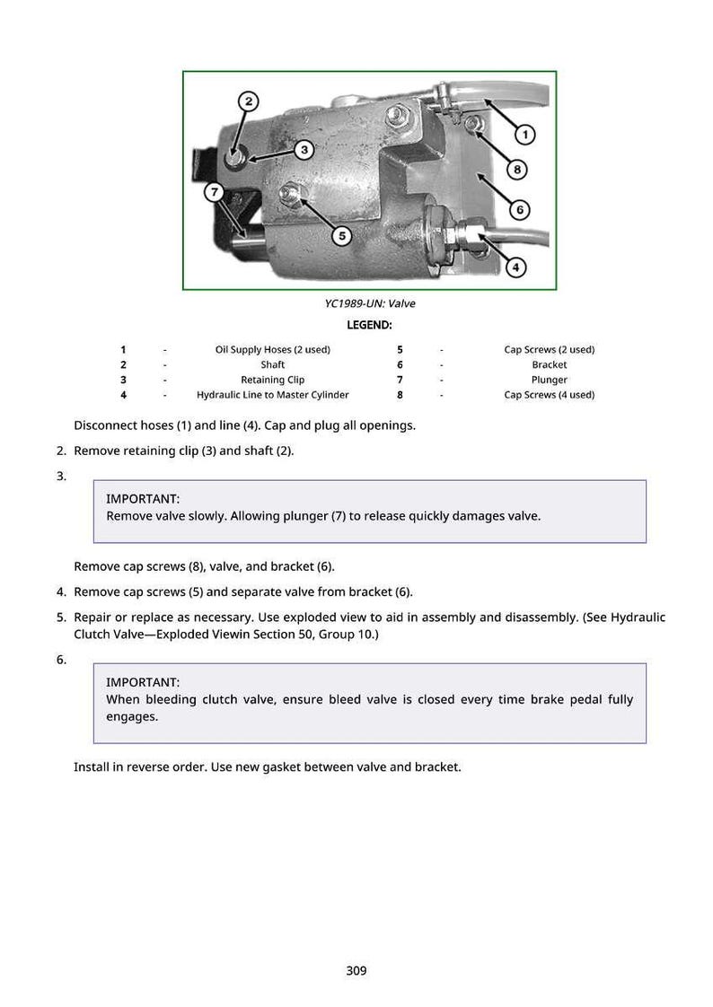 May include: Diagram of a YC1989-UN valve with labeled components, including oil supply hoses, shaft, retaining clip, and hydraulic line. The image includes a legend and instructions for disassembly and repair.
