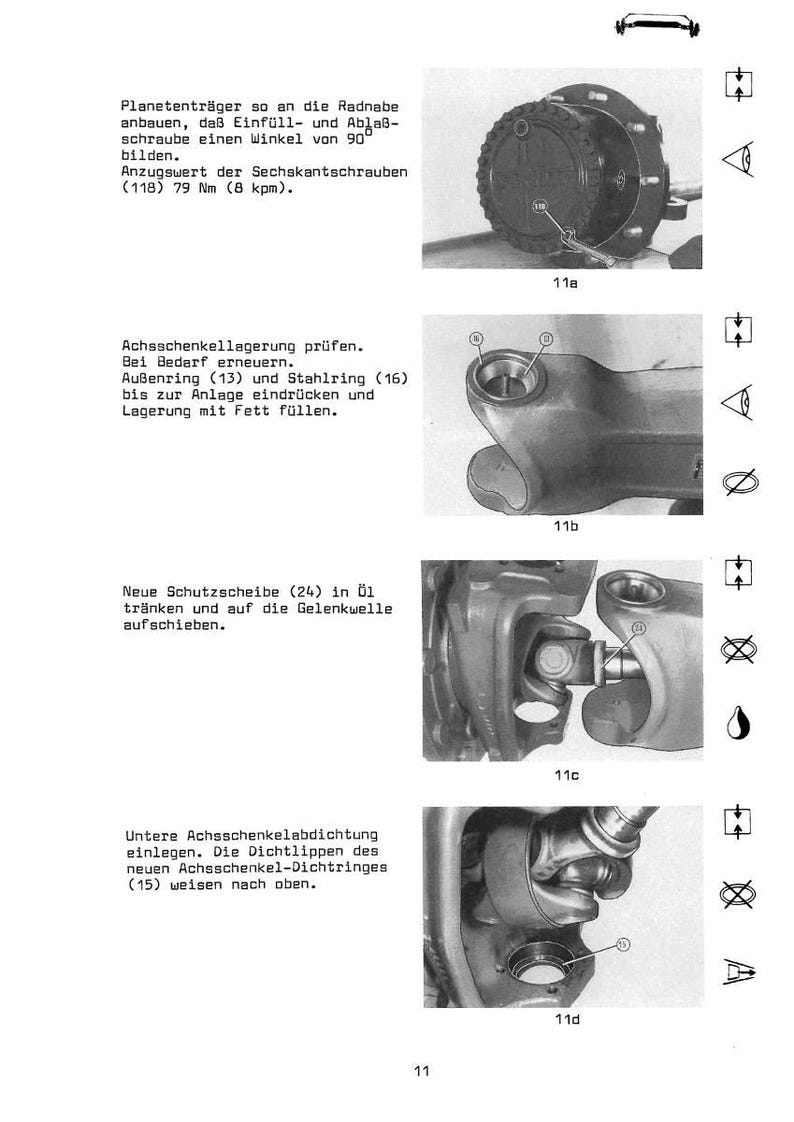 May include: Technical diagram with four detailed illustrations of automotive components. The images show various parts, including a wheel hub, bearings, and seals, with accompanying text in German. The diagram provides instructions for assembly and maintenance.