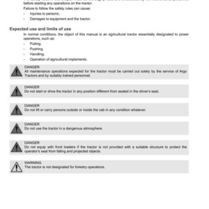Puede incluir: Una p&aacute;gina de un manual de tractor con el logotipo de Argo Tractors. El texto incluye notas t&eacute;cnicas, normas de seguridad y advertencias sobre el funcionamiento del tractor, como no levantar personas y evitar atm&oacute;sferas peligrosas.
