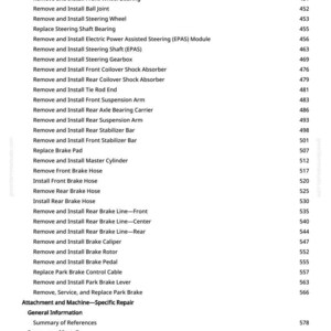 May include: A detailed list of automotive repair procedures, including removing and installing various components such as steering knuckles, brake lines, and shock absorbers. The text is in black font on a white background.
