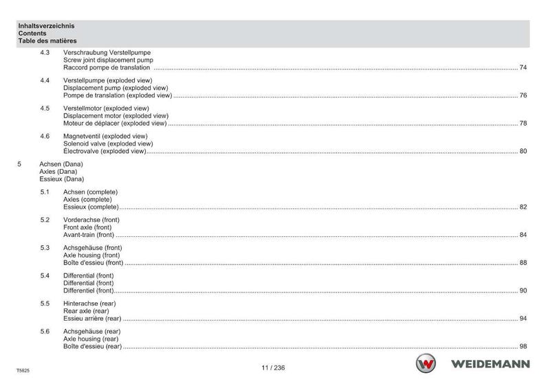 May include: A white technical manual page with a table of contents in German, English, and French. The table lists various mechanical components with corresponding page numbers, including pumps, motors, and axles. The Weidemann logo is at the bottom.