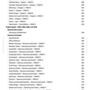 May include: A page from a greenfarmmanuals.com manual, listing engine repair procedures for FR651V and FR691V engines. Includes sections on inspection, removal, installation, and disassembly of engine components.