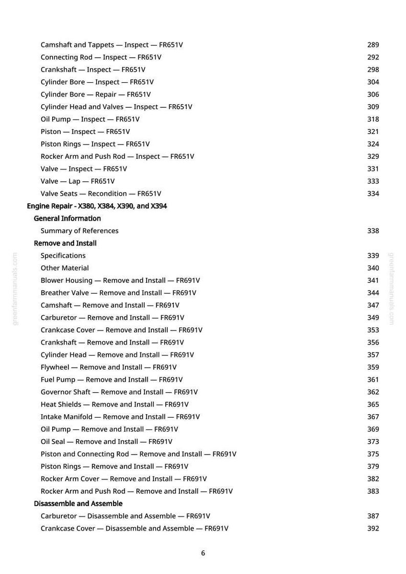 May include: A page from a greenfarmmanuals.com manual, listing engine repair procedures for FR651V and FR691V engines. Includes sections on inspection, removal, installation, and disassembly of engine components.