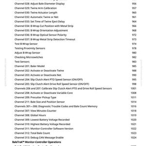 K&ouml;nnte beinhalten: Eine detaillierte Liste der Funktionen und Einstellungen des Ballenpressers, einschlie&szlig;lich Sensortests, Kalibrierung und Diagnostik. Der Text ist in einer nummerierten Liste organisiert und behandelt Themen wie Garn, Netz und Kupplungswarnungen.