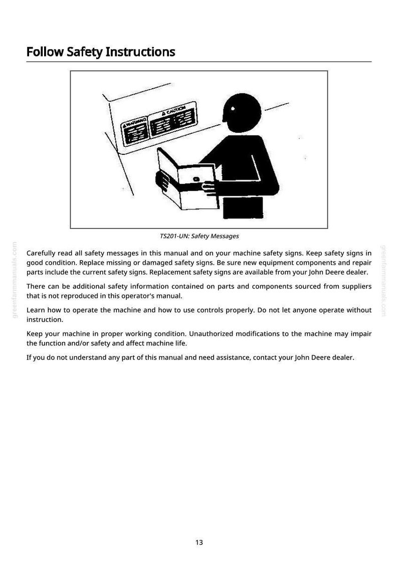 Pu&ograve; includere: Illustrazione da un manuale con il testo "Seguire le istruzioni di sicurezza". Raffigura una figura stilizzata che legge un manuale accanto a una macchina con etichette di avvertimento. &Egrave; presente anche il testo "TS201-UN: Messaggi di sicurezza".