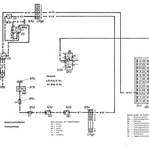 May include: A black and white electrical schematic diagram for a car's air conditioning system, showing wiring and components. The diagram includes German text and various symbols and labels.