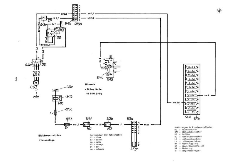 May include: A black and white electrical schematic diagram for a car's air conditioning system, showing wiring and components. The diagram includes German text and various symbols and labels.