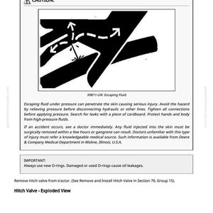 May include: A page from a manual titled "Hitch Valve Repair" with a warning about escaping fluid. The image includes a diagram of a hand with arrows and text, and safety instructions.