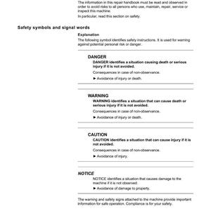 May include: A white page from a repair handbook detailing safety instructions. The text includes headings such as "DANGER", "WARNING", "CAUTION", and "NOTICE", with explanations. The page is titled "Safety instructions".