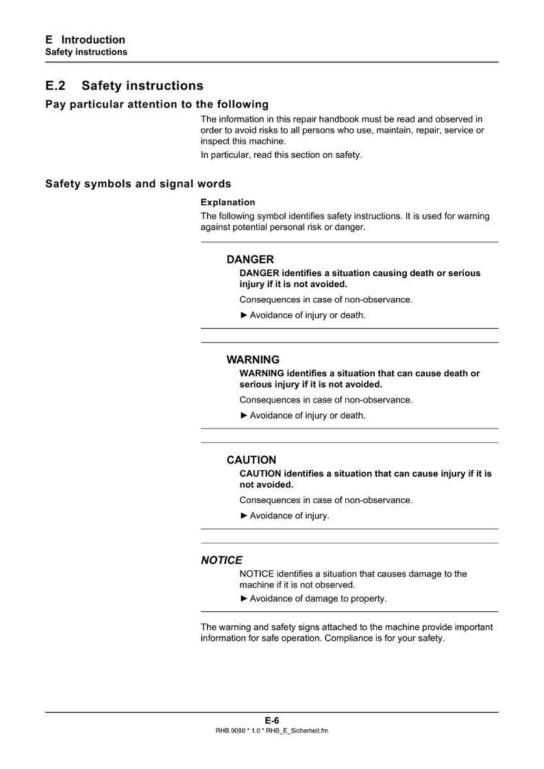 May include: A white page from a repair handbook detailing safety instructions. The text includes headings such as "DANGER", "WARNING", "CAUTION", and "NOTICE", with explanations. The page is titled "Safety instructions".