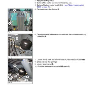 May include: Diagram showing hydraulic system components, including a pressure accumulator 080, with instructions for removal. Close-up views show parts labelled A and B. The Wacker Neuson logo is also visible.