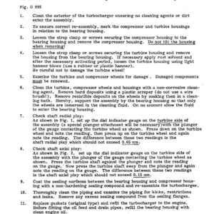 Pode incluir: Uma p&aacute;gina de manual que detalha o exame de um turbocompressor de gases de escape. O texto inclui instru&ccedil;&otilde;es sobre limpeza, desmontagem e verifica&ccedil;&atilde;o de danos, com medidas em mil&iacute;metros. O documento &eacute; intitulado "Engine Air Intake System".