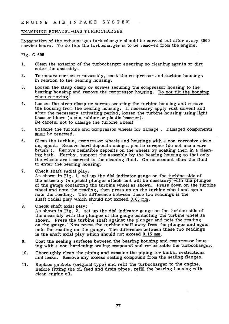 Pode incluir: Uma p&aacute;gina de manual que detalha o exame de um turbocompressor de gases de escape. O texto inclui instru&ccedil;&otilde;es sobre limpeza, desmontagem e verifica&ccedil;&atilde;o de danos, com medidas em mil&iacute;metros. O documento &eacute; intitulado "Engine Air Intake System".