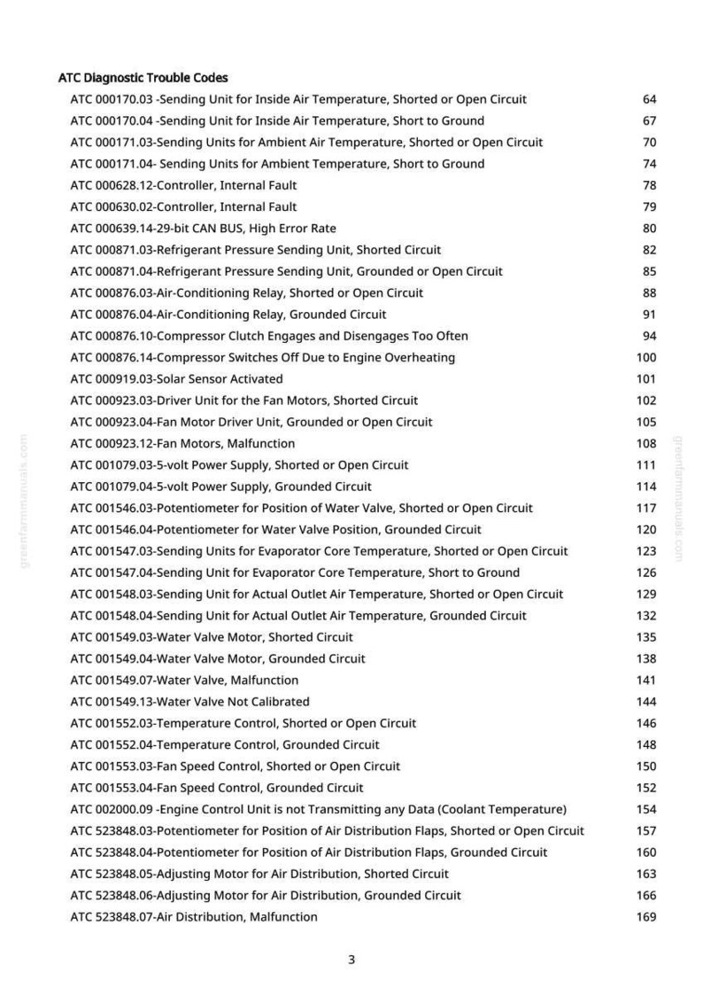 May include: A detailed list of ATC Diagnostic Trouble Codes, including descriptions like "Sending Unit for Inside Air Temperature, Shorted or Open Circuit" and "Controller, Internal Fault." The document is a reference guide for automotive diagnostics.